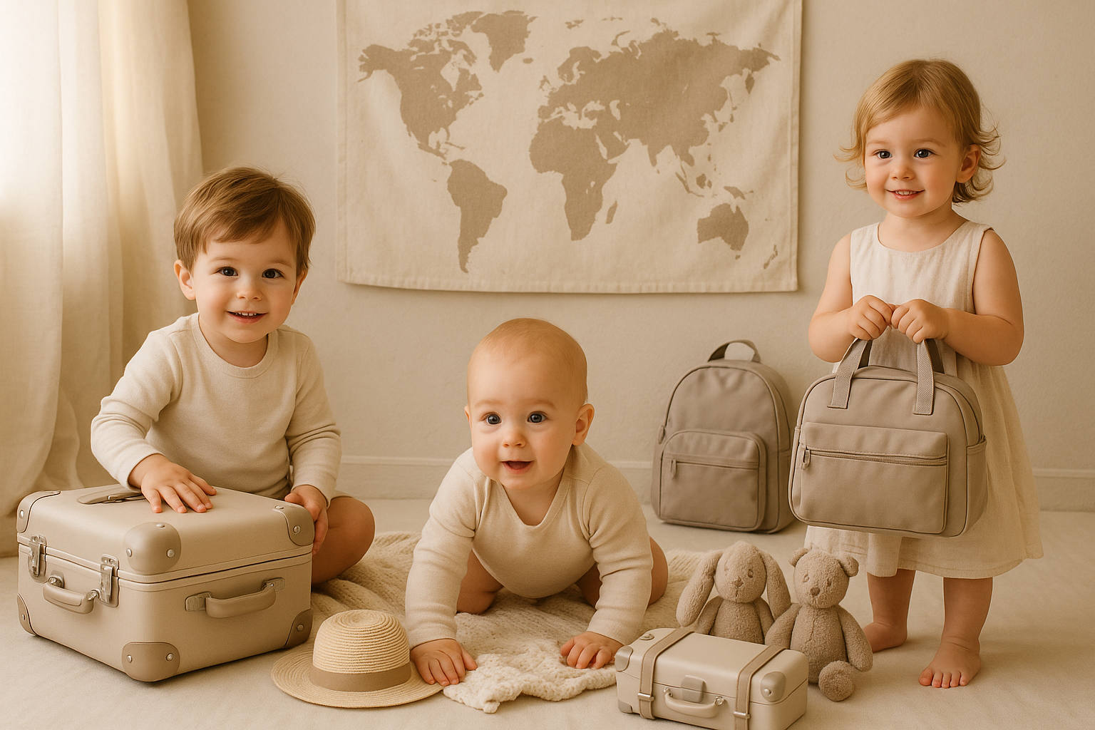 ontwerp een foto waarop kinderen te zien van de leeftijd 6 maanden tot max 3 jaar die passen bij het thema reizen, op vakantie, inpakken, koffer bij de hand, etc. Houd zachte kleuren aan, zoals beige, wit, creme, taupe en stone.